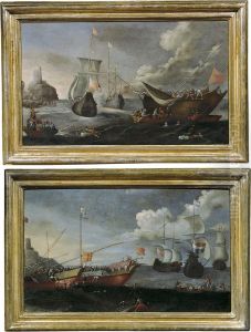 Lotto Unico Di Due Dipinti: <marina Con Battaglia> E by Pietro Ciafferi Lo Smargiasso