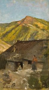 Paesaggio Montuoso Con Cascinale E Figure by Cesare Ciani