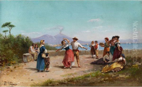 Tarantella Tanzendes Paar, Vonzuschauern Und Tamburinspielerinnen Umgeben - view 1