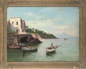 Fishermen Preparing To Depart, With The Bay Of Naples Beyond by Vincenzo Ciappa