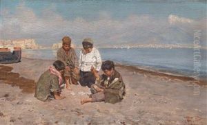 Boys Playing Cards In The Gulf Of Naples by Giuseppe Giardiello