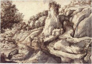 Mountainous River Landscape With Road Through A Rock Arch And Ariverside Village by Gherado Cibo