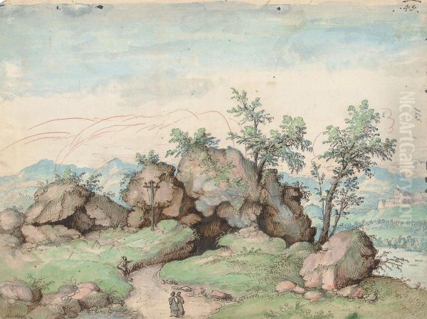Travellers Approaching A Rock Formation - view 1