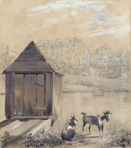 Flusspartie Mit Badehaus Und Zwei Ziegen by Eugene Ciceri