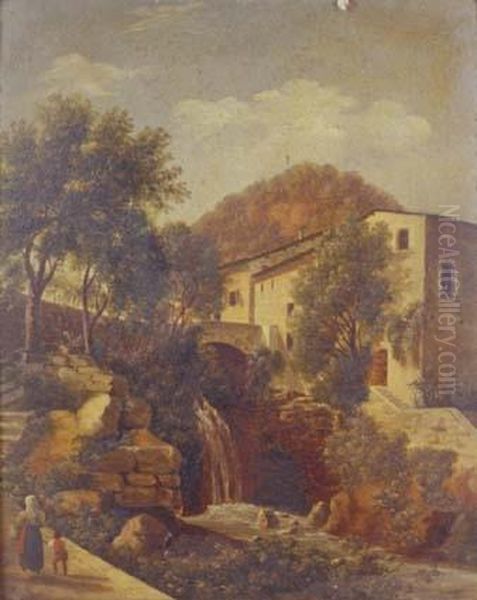 Scorcio Di Paese Con Cascata, Torrente E Figure - view 1