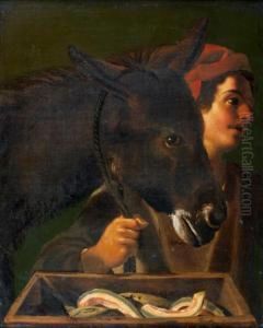 Jeune Paysan Menant Son Ane Devant Une Auge Remplie De Melons by Antonio Cifrondi