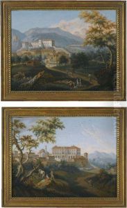A Pair Of Landscapes Depicting Sabaudi Castles by Angelo Antonio Cignaroli