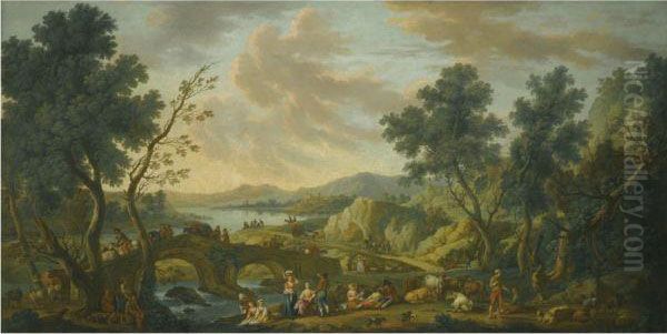 A Rocky Landscape With Peasants And Their Herd Beside Theriver - view 1