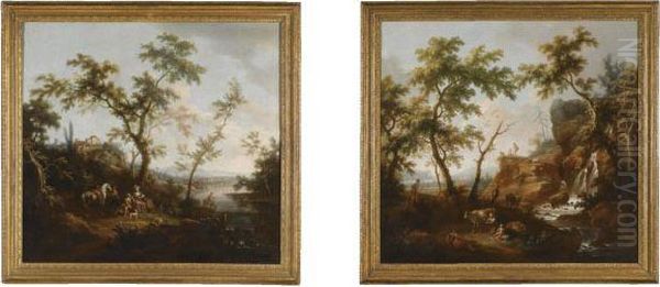 A Pastoral Landscape With Elegant Figures Resting By A Lake, Avilla On A Hill Beyond - view 1