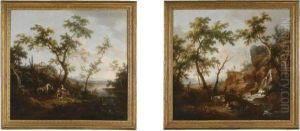 A Pastoral Landscape With Elegant Figures Resting By A Lake, Avilla On A Hill Beyond
