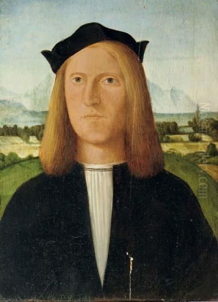 Portrait Of A Young Gentleman, Half-length, In A Black Costume And White Chemise With A Black Cap, A Mountainous River Landscape Beyond - view 1