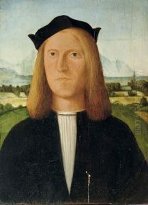 Portrait Of A Young Gentleman, Half-length, In A Black Costume And White Chemise With A Black Cap, A Mountainous River Landscape Beyond by Giovanni Battista Cima da Conegliano