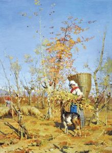 Girl Carrying A Basket And Wheat Sheaf With A Goat by Luigi Cima