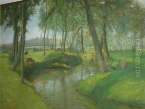 Paesaggio Boschivo Con Ruscello E Mucche by Luigi Cima