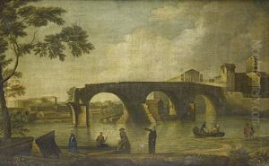 Elegant Figures On A Shore Before The Ponte Rotto On The Tiber by Gianbattista Cimaroli