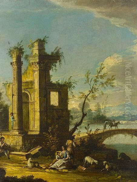 Figures Resting Before Classical Ruins In Anopen Landscape - view 1
