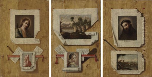 A Trompe L'oeil Still Life With A Painting Of Saint Francis Ofassisi Pinned To A Wall; And Two Companion Trompe L'oeilpaintings - view 1