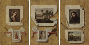 A Trompe L'oeil Still Life With A Painting Of Saint Francis Ofassisi Pinned To A Wall; And Two Companion Trompe L'oeilpaintings by Antonio Cioci or Ciocchi