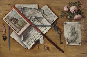 A Trompe L'oeil Still Life With Letters And Other Objects On Aboard by Antonio Cioci or Ciocchi