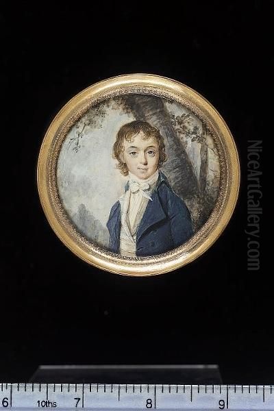 A Young Gentleman, Wearing Blue-green Coat, White Striped Waistcoat And Tied White Cravat, Wooded Background - view 1