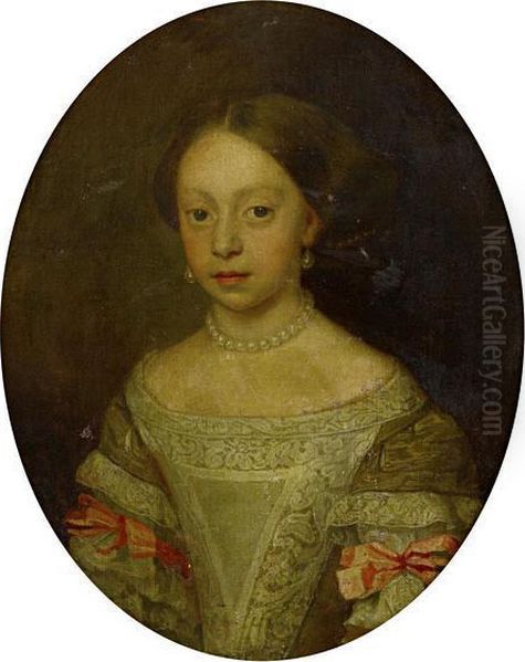 Portrait Of A Young Lady, Half-length, In A Green Dress With Pink Bows, And A Pearl Necklace And Earrings - view 1