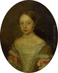 Portrait Of A Young Lady, Half-length, In A Green Dress With Pink Bows, And A Pearl Necklace And Earrings