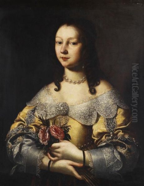 Portrat Einer Eleganten Dame Mit Kleinem Rosenbouquet - view 1