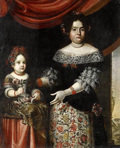 Portrait Of A Lady, Three-quarter-length, In An Embroidered Dress, Standing Before A Curtain With An Italianate Garden Beyond, Her Daughter Sitting On A Table Beside Her - view 1