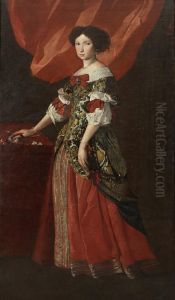 Portrait Of A Lady, Full-length, In A Red Andgold Brocade Dress Standing Before A Red Curtain
