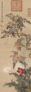 Wisteria And Flowers by Empress Cixi Manchu-Chinese