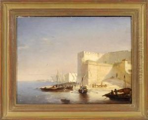 Segelboote Vor Einer Festungsanlage Mit Reicher Personenstaffage In Sudlicher Kustenlandschaft by Paul Claes