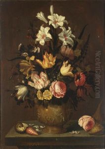 A Still Life With White Lilies, Tulips, Roses, Marigolds, Daffodils And Other Flowers In A Sculpted Stone Vase Adorned With Putti, Together With A Rose And Shells On A Stone Ledge by Anthony I Claesz