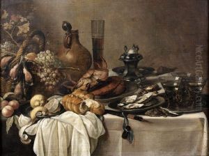 Nature Morte Aux Tourteaux, Pichet Et Verre De Biere. by Pieter Claesz.