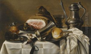 A Still Life Of Ham, A Pewter Plate, A Pewter Pitcher, A Glass Roemer, Hazelnuts, A Bread Roll And Other Objects On A White Table Cloth by Pieter Claesz.