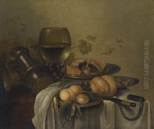 A Still Life With A Meat Pie, Bread, A Glass Roemer And Other Objects On A Table by Pieter Claesz.