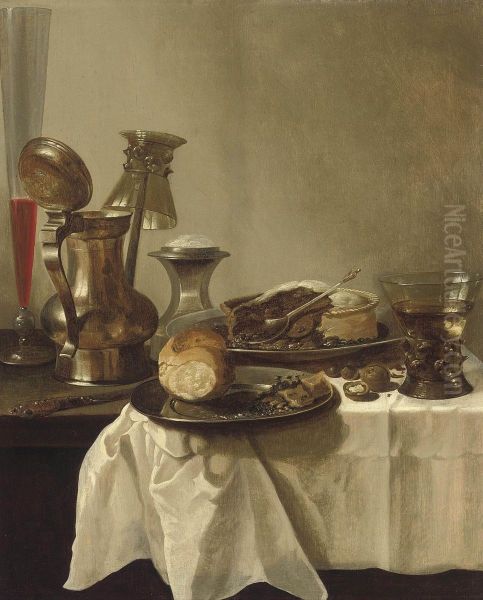 A Pewter Jug With An Upturned Roemer, A Facon-de-venise Flute Of Wine And A Pie On A Pewter Platter On A Partly-draped Table - view 1