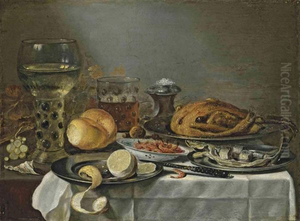 A Half-peeled Lemon On A Pewter Platter, A Roemer Filled With Wine,shrimps In A Porcelein Bowl, A Glass Of Beer, A Mackerel On Apewter Platter, A Salt Cellar, A Cooked Bird On A Pewter Plate,bread, Chestnuts, Grapes And Tabacco On A Partly Draped - view 1