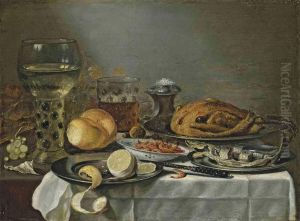 A Half-peeled Lemon On A Pewter Platter, A Roemer Filled With Wine,shrimps In A Porcelein Bowl, A Glass Of Beer, A Mackerel On Apewter Platter, A Salt Cellar, A Cooked Bird On A Pewter Plate,bread, Chestnuts, Grapes And Tabacco On A Partly Draped by Pieter Claesz.