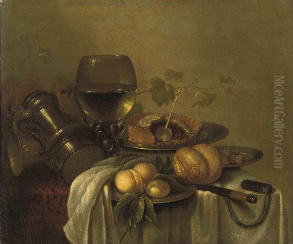 Peaches On A Silver Platter, An Overturned Pewter Jug, A Roemerwith White Wine, A Bread Roll, Olives And A Pie On A Silverplatter, Together With Other Objects On A Partially Drapedtable - view 1