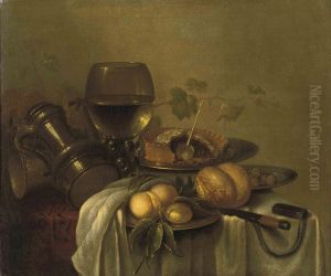 Peaches On A Silver Platter, An Overturned Pewter Jug, A Roemerwith White Wine, A Bread Roll, Olives And A Pie On A Silverplatter, Together With Other Objects On A Partially Drapedtable