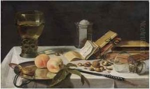 Two Peaches, A Watch, A Roemer Filled With Wine, A Salt Cellar,books And Chestnuts On A Draped Table by Pieter Claesz.