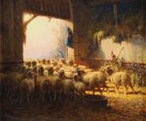 Hirte Und Schafherde Im Stall by Charles Clair
