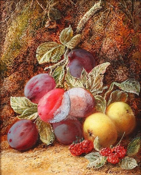 Still Life Of Plums, Raspberries And Apples Ona Mossy Bank - view 1