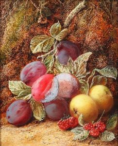 Still Life Of Plums, Raspberries And Apples Ona Mossy Bank
