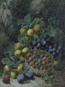 Still Life Of Gooseberries, Plums And Strawberry On A Mossy Bank by Oliver Clare