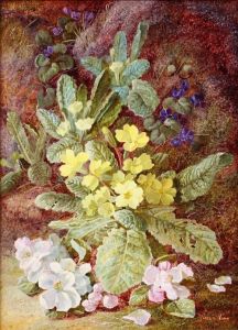 Primroses, Violets And Apple Blossom On A Mossy Bank by Vincent Clare