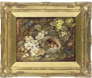 Primroses And A Bird's Nest On A Mossy Bank by Vincent Clare