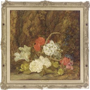 Roses, Primroses, Lilies, Daisies And A Wicker Basket On A Mossy Bank by Vincent Clare