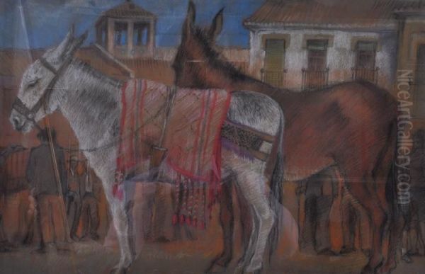 Two Donkeys In A Town With Figures - view 1