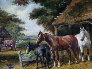 Horses, Cattle And Chickens In A Farmyard by Frank Scott Clark